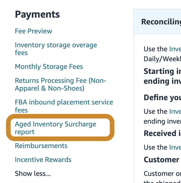 Screenshot of the Payment section on the Fulfillment report page. After selecting "Show more," the Aged Inventory Surcharge Report is visible. Clicking on it leads to the report page.